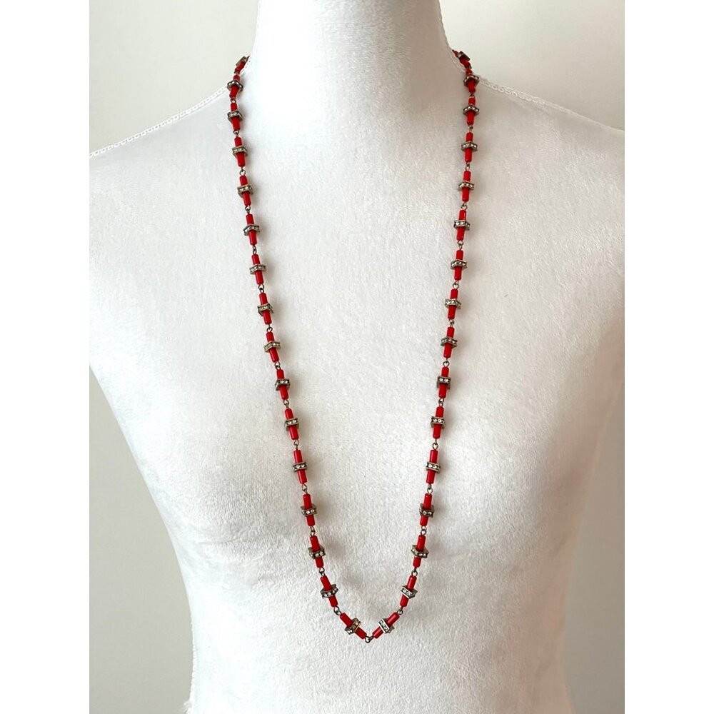 J. Crew Vintage Long Beaded Coral & Rhinestone Necklace